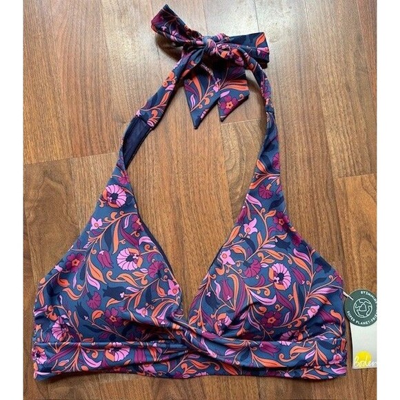 Boden Levanzo Halter Bikini Top US 16 18 Twist Blue Orange Floral Swim - Picture 1 of 11